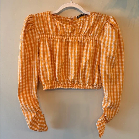 ZARA Orange Gingham Long-Sleeve Cropped Top - Brand - Picture 2 of 7